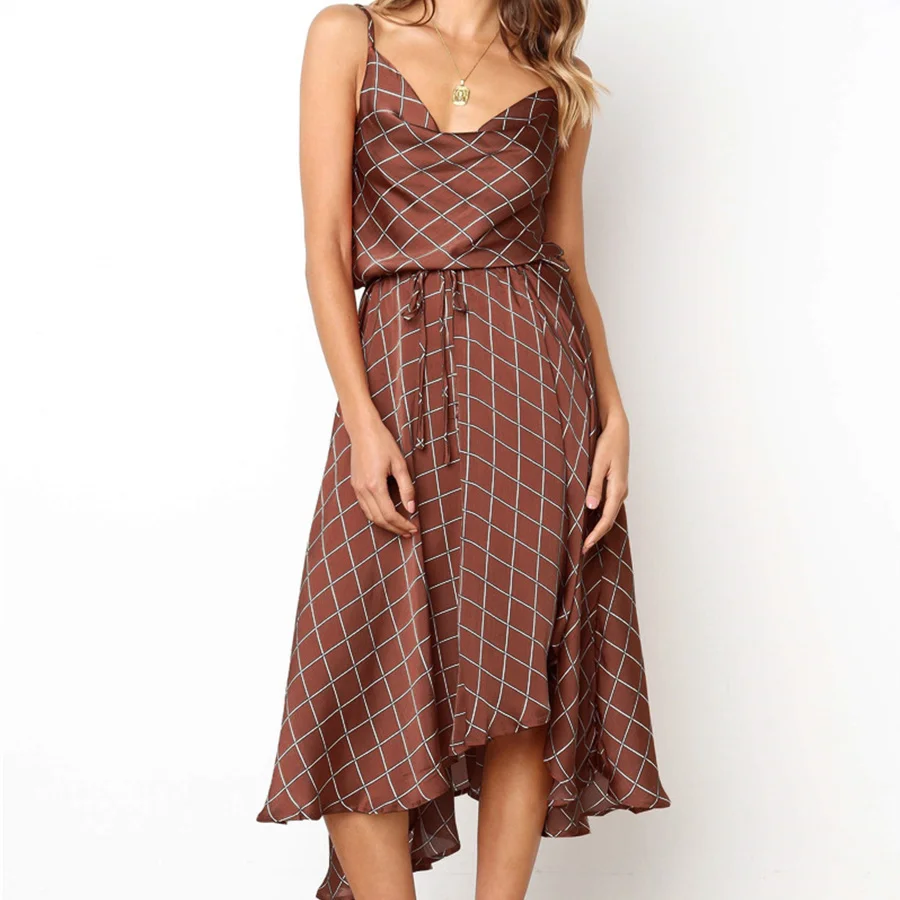 Женское платье до середины икры в клетку с принтом повседневное летнее свободное