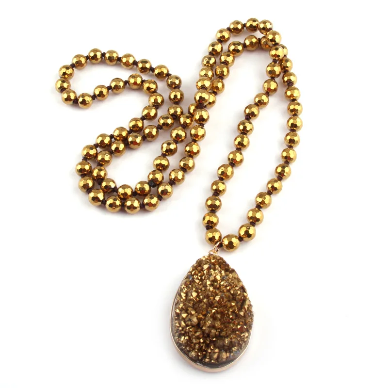 MOODPC Ограненный Золотой Гематит камень длинный узлом шеи ручная работа друза