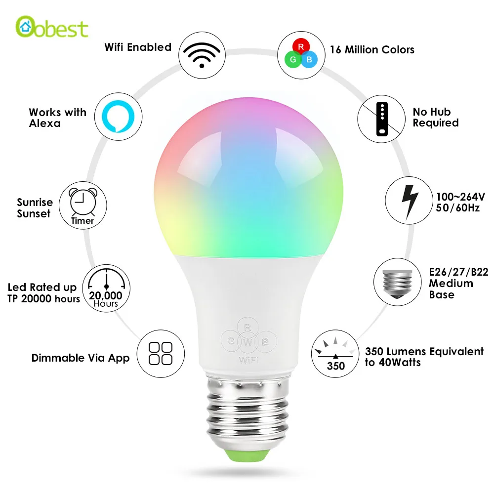 Умная лампа E27 с Wi-Fi многоцветный светильник регулируемой яркостью RGBWW совместима - Фото №1