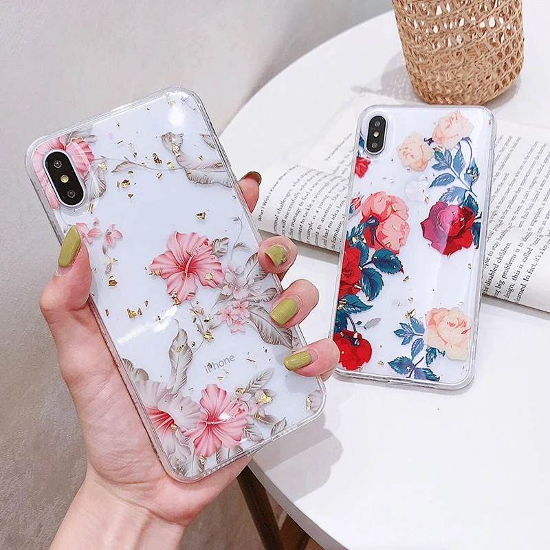 Glam чехол для телефона прозрачный золотой фольгированный цветочный iPhone XS Max XR X 8plus