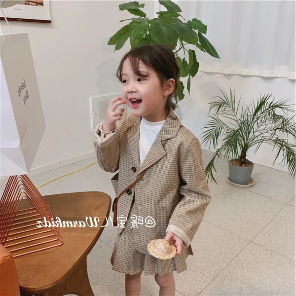 2pcs Kids Suits for Girls Kids Blazers Jackets+plaid Skirts Kids Girls Outerwear Jackets Set Girl Set Clothes Blazers Coat