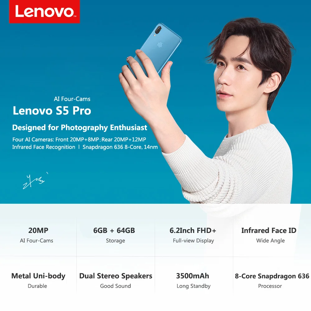 Смартфон lenovo S5 Pro с глобальной прошивкой, 6 ГБ, 64 ГБ, Восьмиядерный процессор Snapdragon 636, Quad Camera, 6,2 дюйма, 4G, LTE