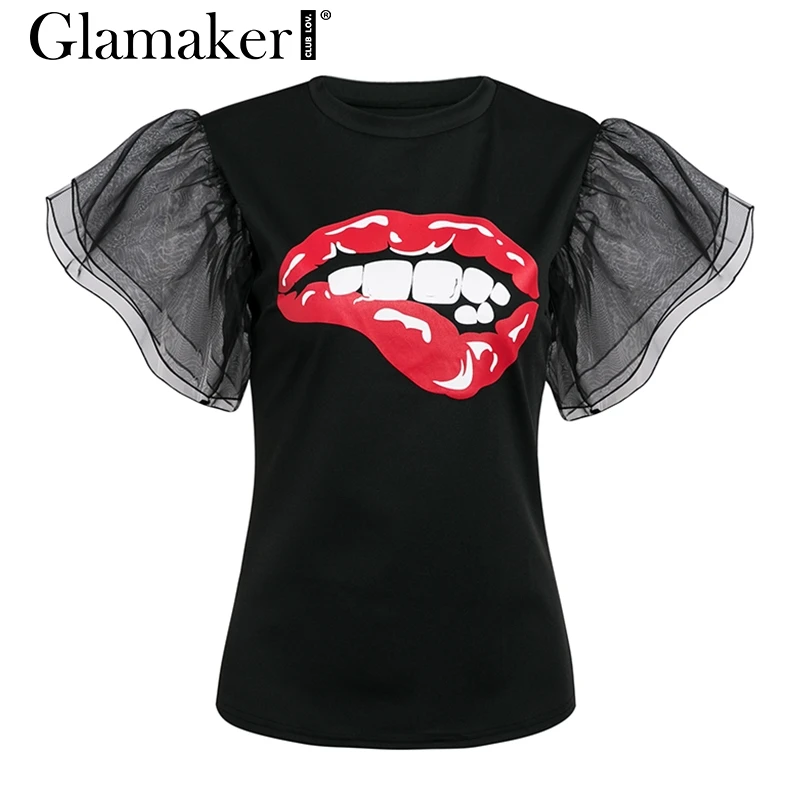 Glamaker, принт с губами, мультяшная Сексуальная футболка, женская белая, сетчатая, с рюшами, расклешенная, короткий рукав, Повседневная футболка, женская, летняя, облегающая, топ, тройники