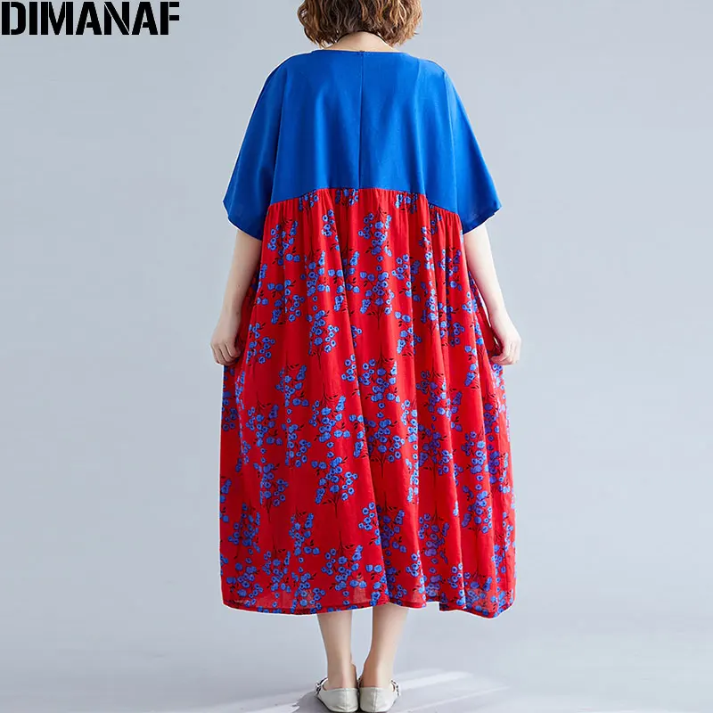 

DIMANAF Plus Size Women Casual Dress Loose Spliced Floral Print Elegant Lady Vestidos Thin Cotton 2019 New Autumn Female Dress
