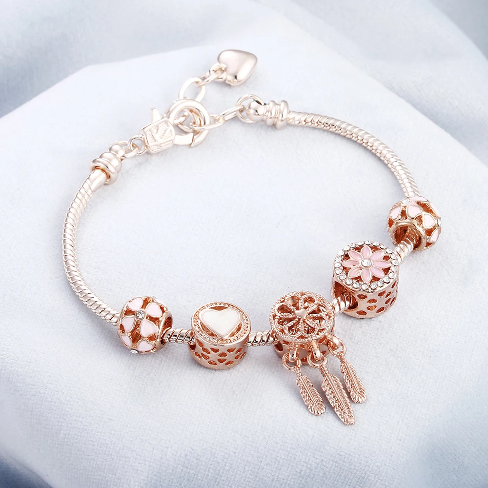 Женский браслет с подвеской из розового золота кристаллами и бусинами|Браслеты