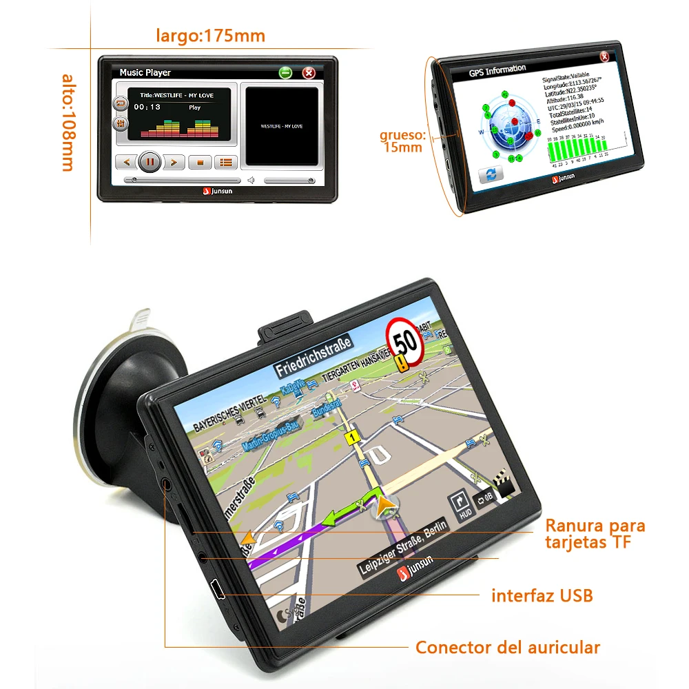 Junsun 7 &quotЕмкостная автомобильная GPS навигация Автомобильный навигатор FM Bluetooth