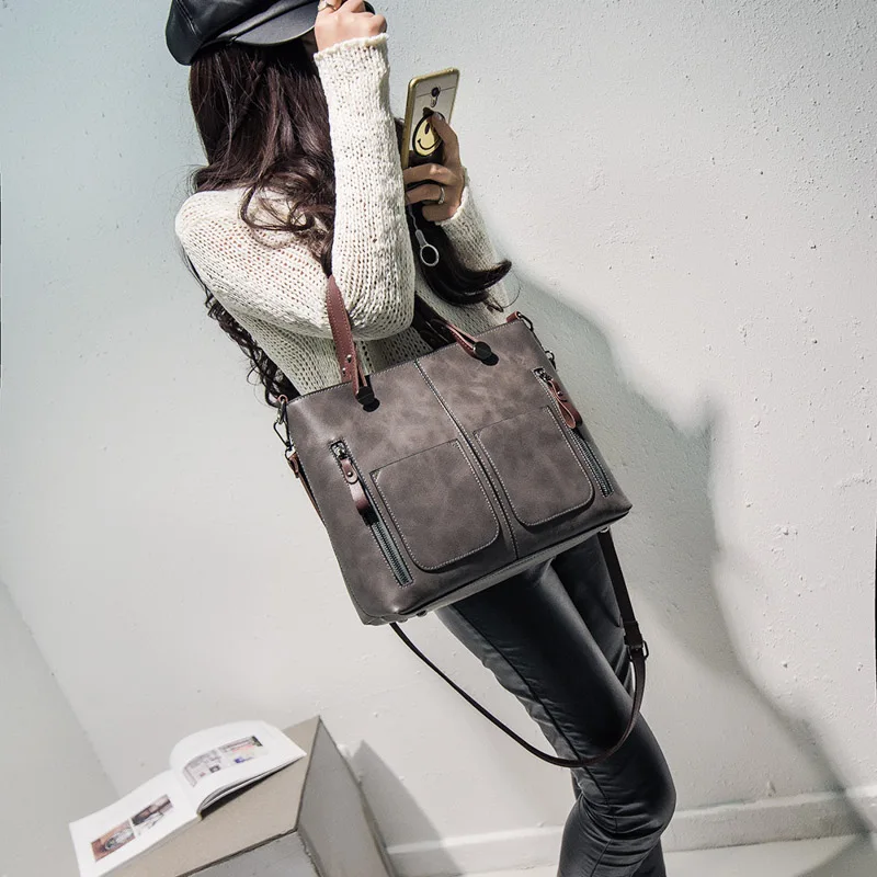 Новинка 2019 женские сумки однотонная сумка на плечо с карманом модные тоут