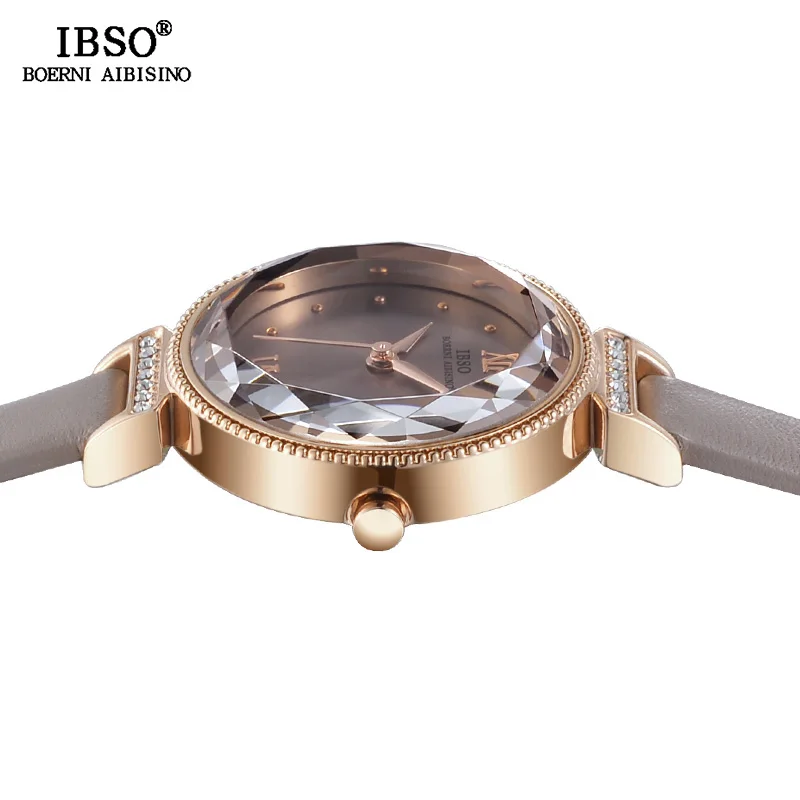 

IBSO Women's Quartz Watches Fashion Rose Gold Rhinestone Clock Watch Hours with Dial Genuine Leather Strap relogio femino