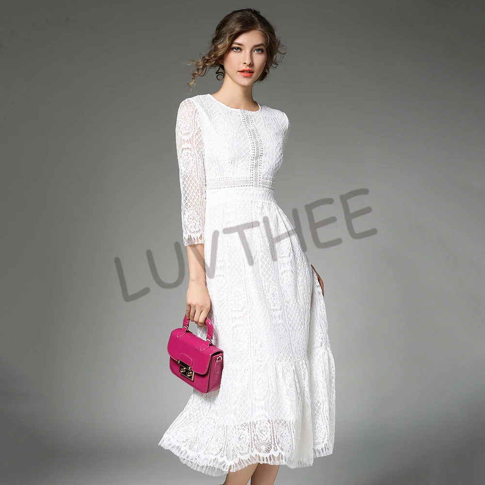 Белые кружевные платья для женщин, с высокой талией, Vestido Mujer, с круглым вырезом, платье в стиле пэчворк, большие размеры, 3/4 рукав, халат, N618