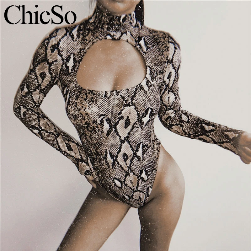 Missychilli Snake print long sleeve bodysuit Women winter one-piece sexy Autumn hollow out playsuit rompers overalls |