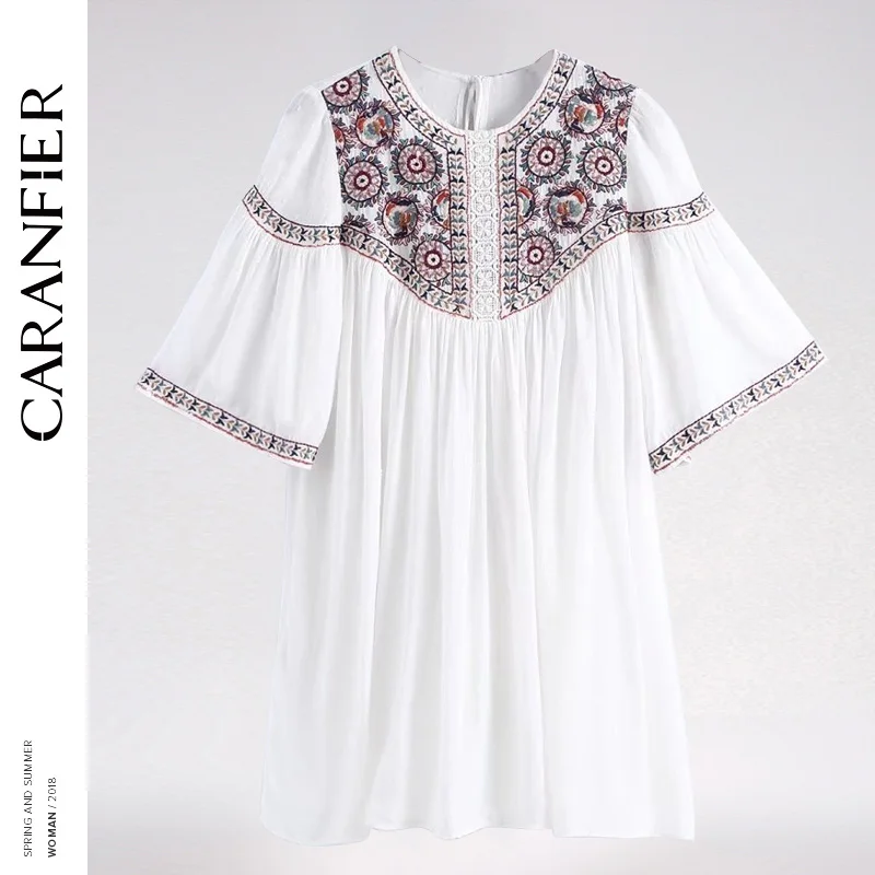 CARANFIER новый для женщин платье с вышивкой трапециевидной формы длинным рукавом