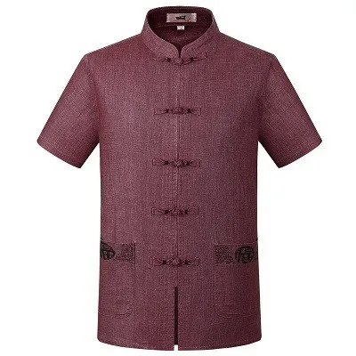 wine red shirt Sheng Coco традиционная китайская мужская рубашка льняные рубашки китайский стиль Мужская с коротким рукавом Китайская традиционная одежда для пожилых 4XL - Цвет: wine red shirt