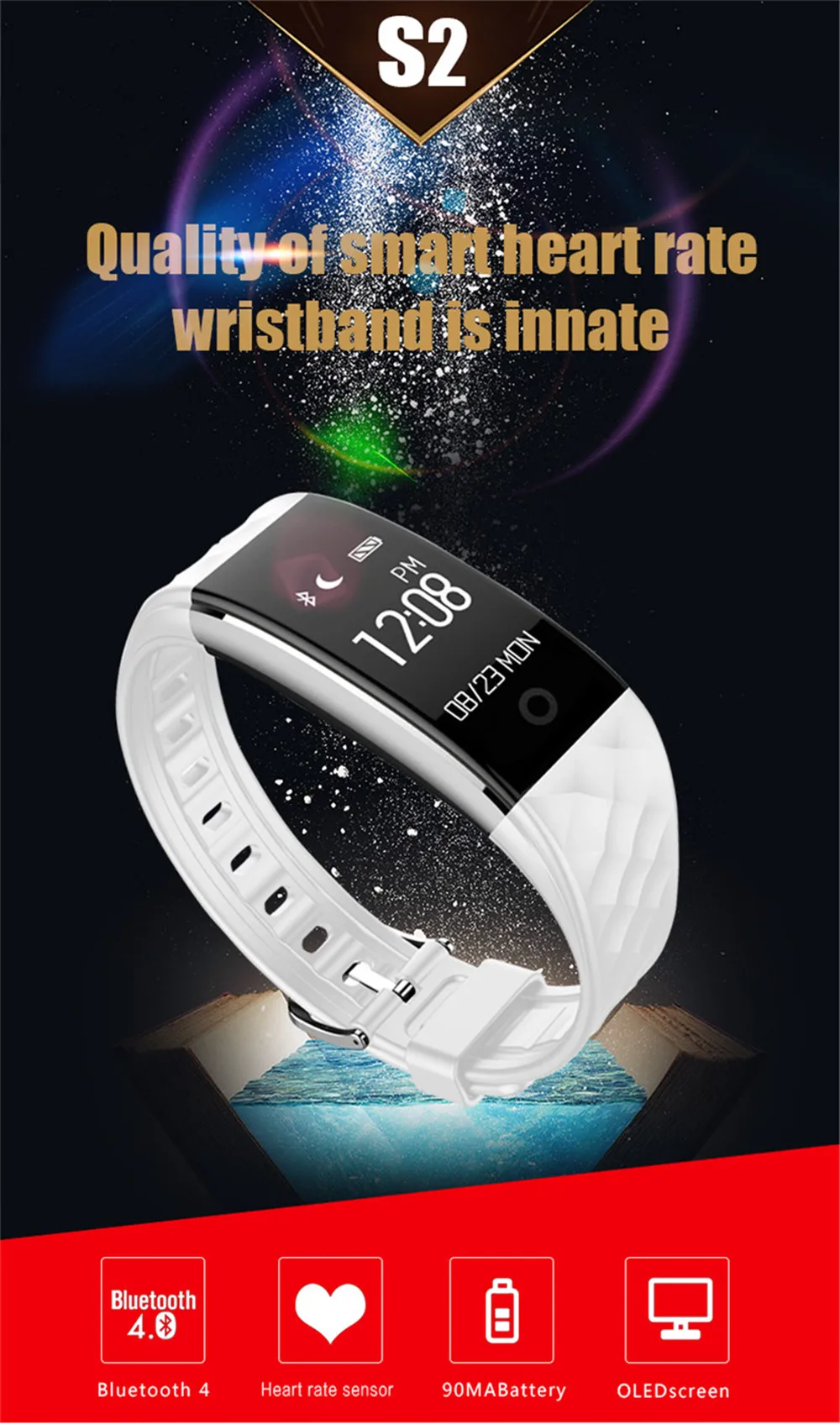 S2 Bluetooth 4,0 Smart Браслет монитор сердечного ритма OLED Фитнес шаг браслет для Android IOS Телефон pk fitbits MIBAND 3