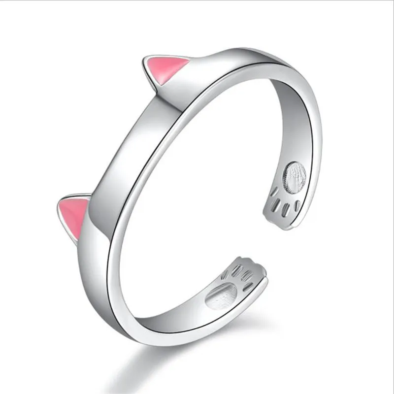 

LUKENI Cute Cat Pink Female Finger Rings Jewelry Open Size Charm 925 Sterling Silver Rings For Girl Christmas Party Accessories