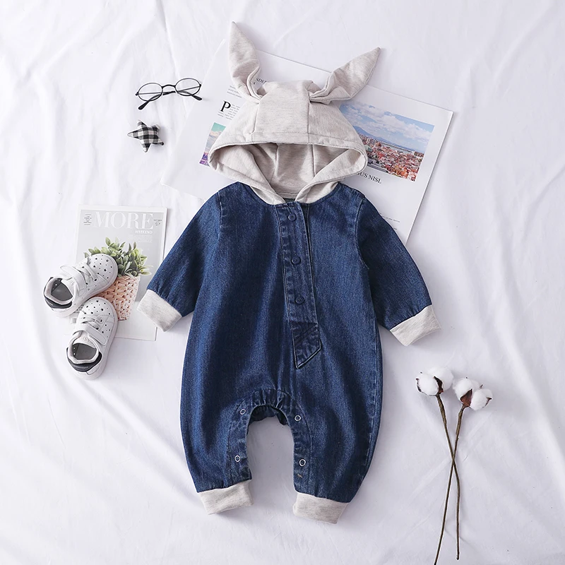 

Spring Baby Boys Denim Pant Jumpsuits Lovely Toddler Boy Jumpsuit Patchwork Infant Denim Overall 3D Rabbir Ear Cartoon Clothes