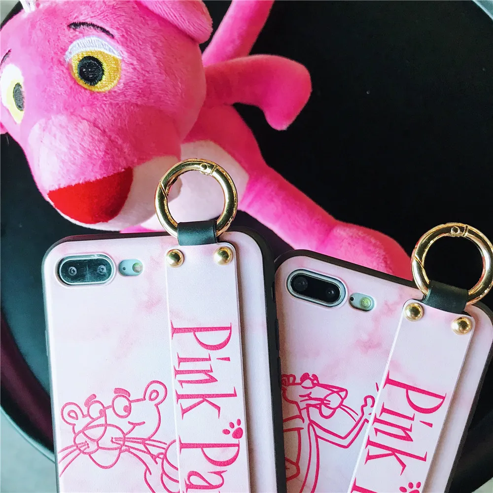 Fashion Pink Panther Ring Phone Case For iPhone X XS MAX XR 6s 7 8 Plus Girl Cute Naughty Leopard Wrist Strap Handbag |