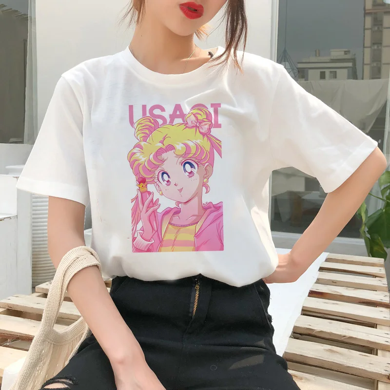 Сейлор Мун летняя модная футболка Женская Harajuku Веселая футболка милый кот футболка Мультфильм Ulzzang футболки kawaii одежда
