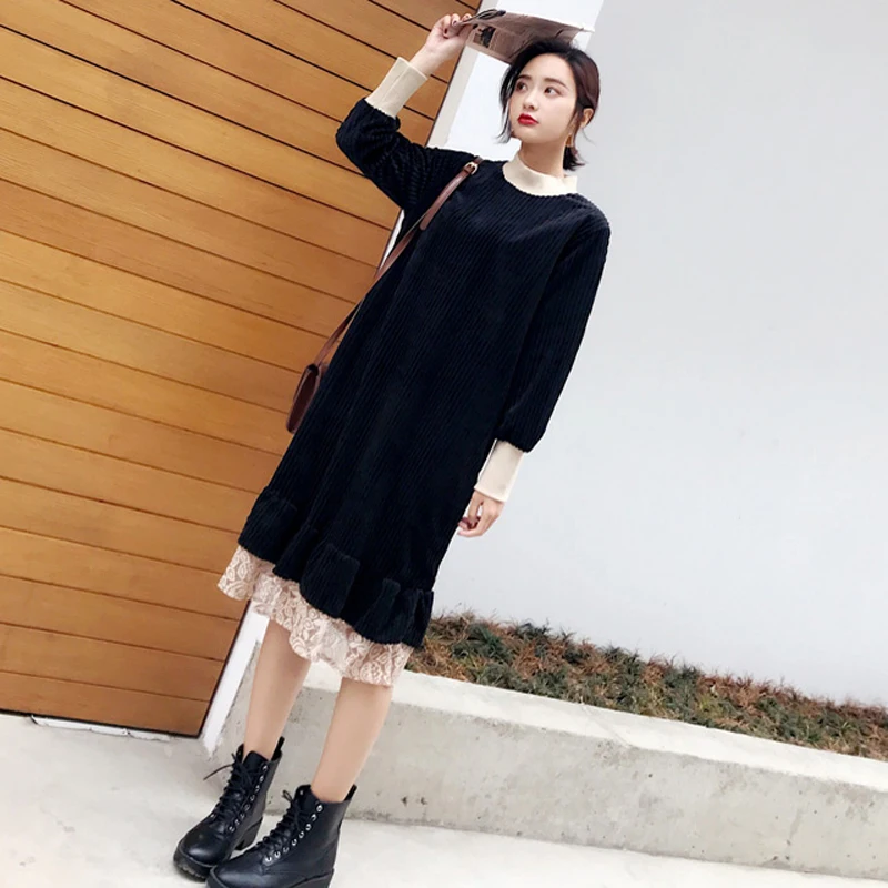 P Ammy Autumn Winter Velvet Thick Hem Stitching Jumper Dress Oversized Solid Color Long Sleeve Tunic Pullover | Женская одежда