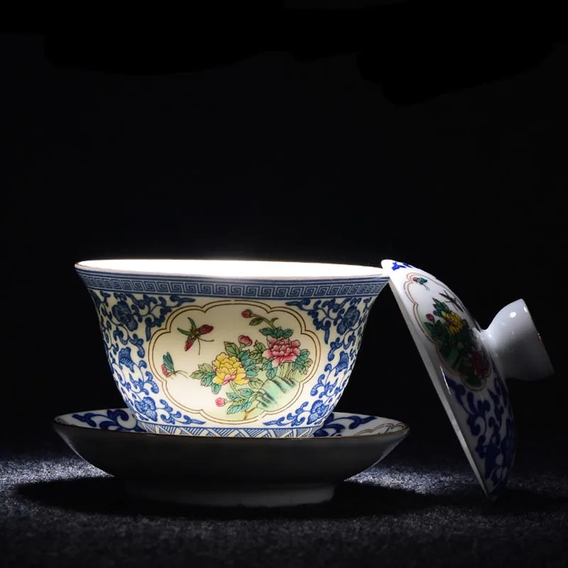 140 мл Цзиндэчжэнь сине-белый фарфор Gaiwan Крышка для чайника чаши и блюдце набор
