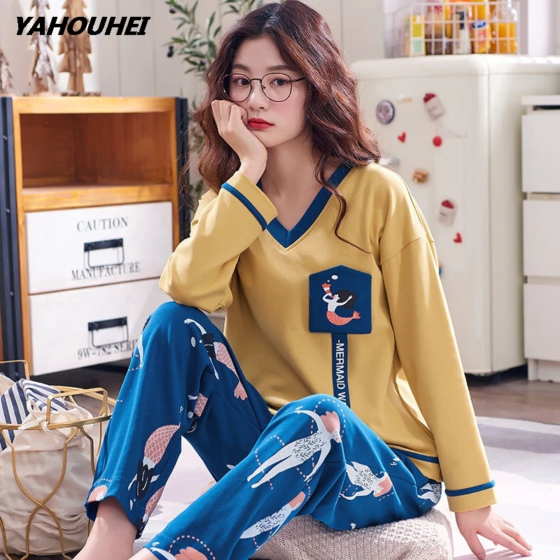 meirenyu Vlin yellow Новое поступление, женские хлопковые пижамы, пижамные комплекты для женщин и девочек, осенняя одежда для сна с рисунком, пижамы для женщин, спортивный костюм с длинными рукавами - Цвет: meirenyu Vlin yellow