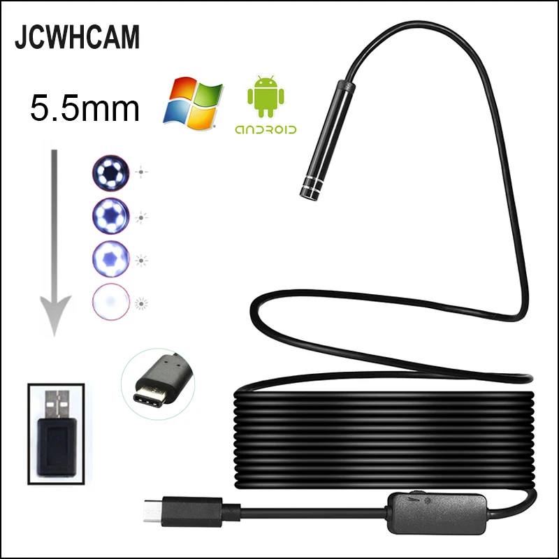 JCWHCAM 5 мм Len 6LED Android USB Тип C эндоскоп камера 7 м гибкая жесткая змея IP67