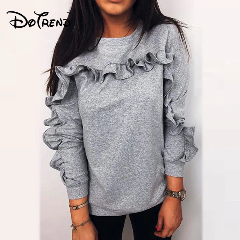 

T-Shirts Women Casual Solid O-neck Ruffles Long Sleeve Pullover Tops Shirt poleras de mujer moda 2019 camisas mujers