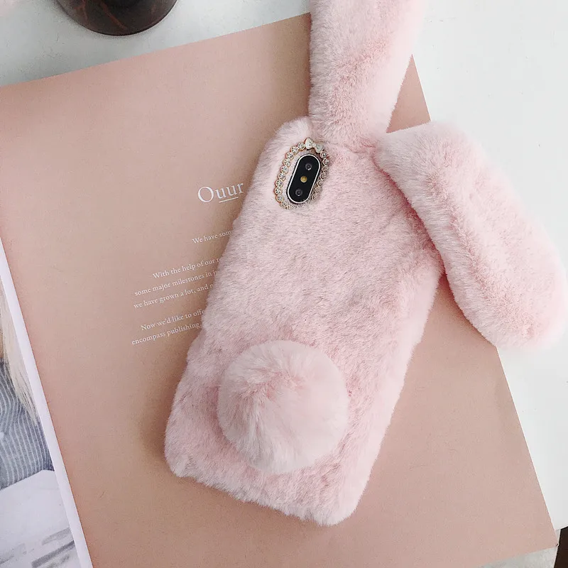 For Huawei P40 Pro Plus Lite E P30 P20 Bling Plush Bunny Phone Case Cute Fluffy Rabbit Hair Fur Cover Honor V20 20 V30 30S | Мобильные