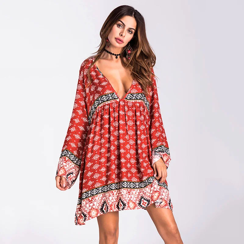 Женское платье с глубоким v образным вырезом и принтом этнические праздничные