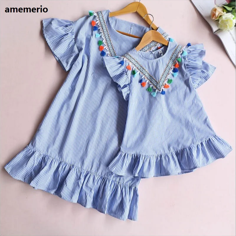 Short sleeve Для новорожденных, для маленьких девочек Семейные комплекты для мамы и дочки; платье три четверти в полоску повседневные Прямые джинсы, одежда для матери и дочери, сына детская одежда - Цвет: Short sleeve
