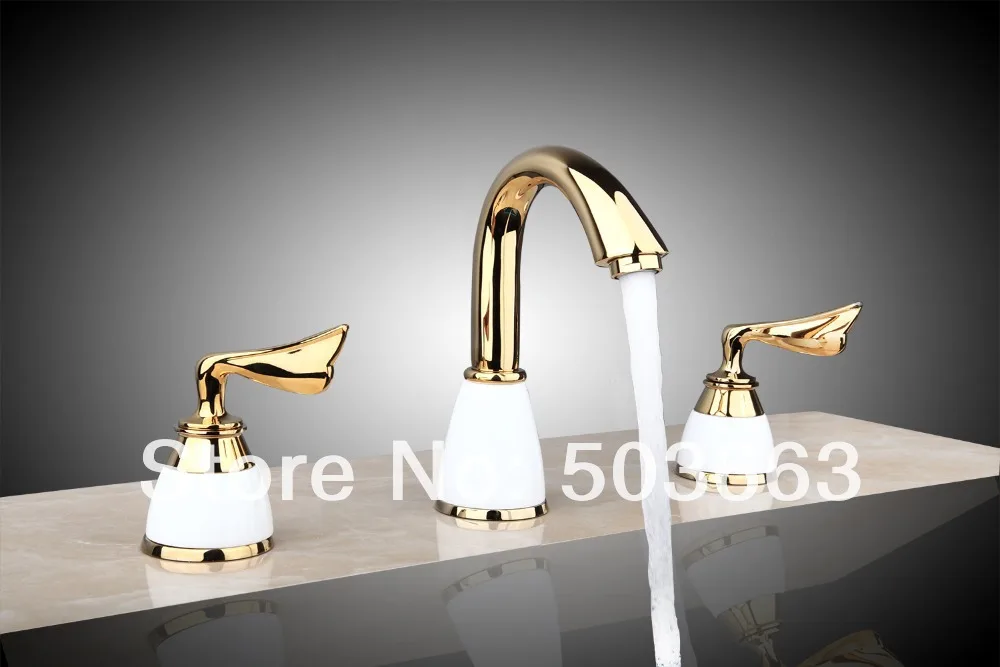 

Torayvino 3 Pcs Bathroom Faucet Basin Sink Deck Mounted Gold Polished Bathtub Faucet Dual Handle Hot And Cold Mixer Water Tap
