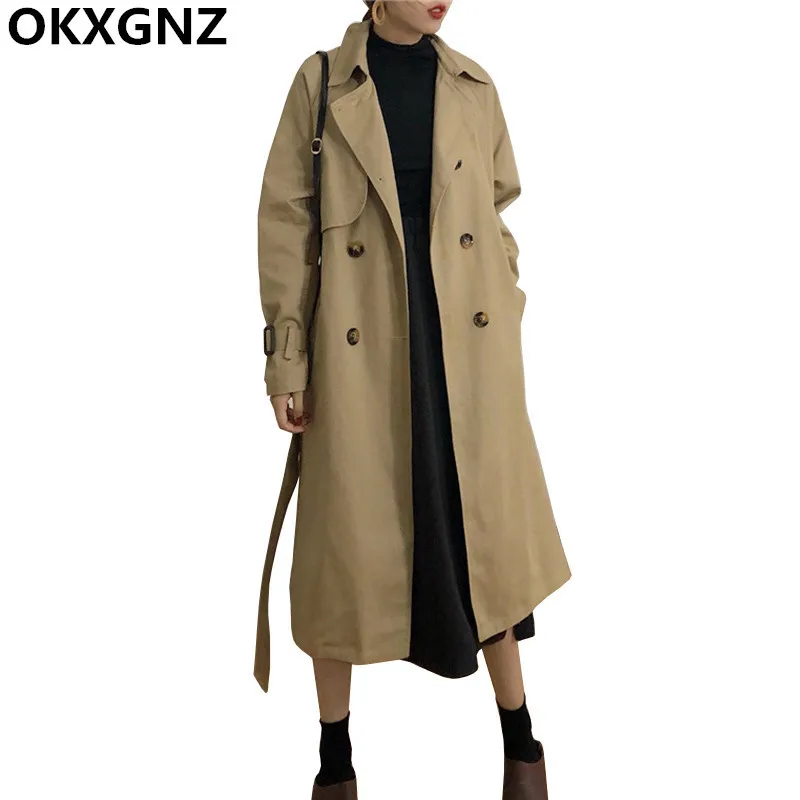 

Classic Khaki Double Breasted Long Trench Coat Women 2019 New Oversized Loose Female Windbreaker With Belt Lining Outerwear M83
