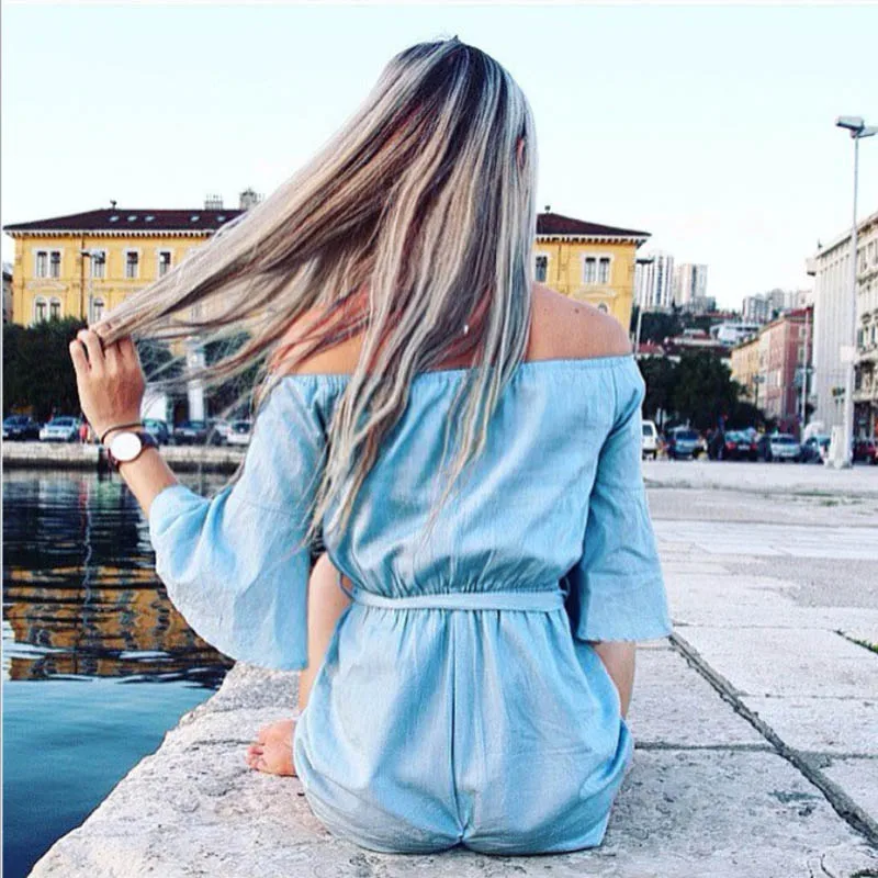 Vancol 2017 summer Women slash Neck bodysuit flare sleeve sashes Jumpsuit solid One-Piece romper beachwear regular Sexy playsuit | Женская