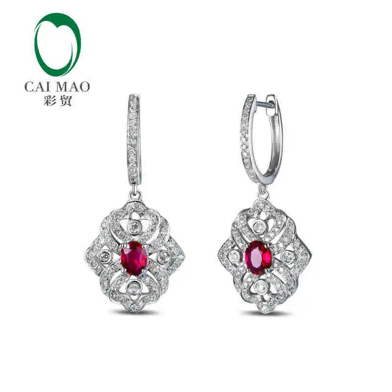 

CaiMao 18KT/750 White Gold 0.81 ct Natural Red Blue Ruby & 0.70 ct Full Cut Diamond Engagement Gemstone Earrings Jewelry