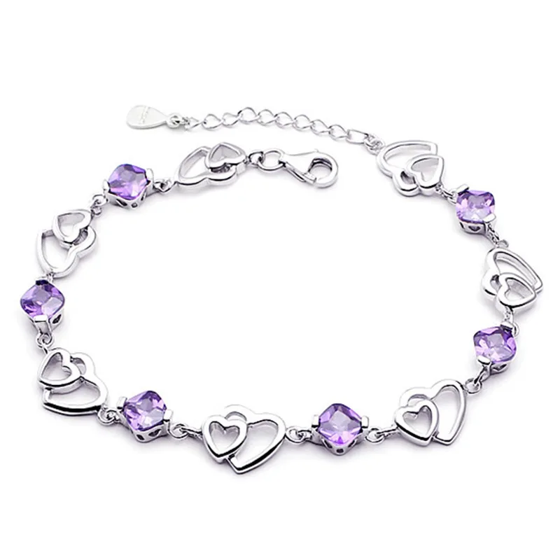 

Wholesale 925 sterling silver romantic love heart purple crystal ladies bracelets jewelry female Christmas gift drop shipping