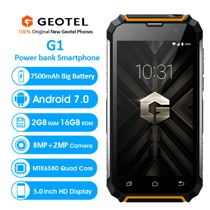 Geotel G1 3g WCDMA смартфон 7500 мАч банк питания Andriod 7,0 MTK6580A четырехъядерный 2 Гб ram 16 Гб rom 5," 8.0MP gps