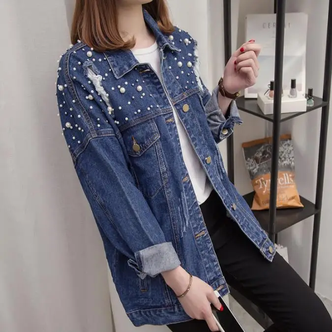 Blue Джинсовое пальто большого размера 4XL, осенняя мода, джинсовая куртка для женщин, джинсовая куртка с жемчужинами и бисером, базовая верхняя одежда D693 - Цвет: Blue