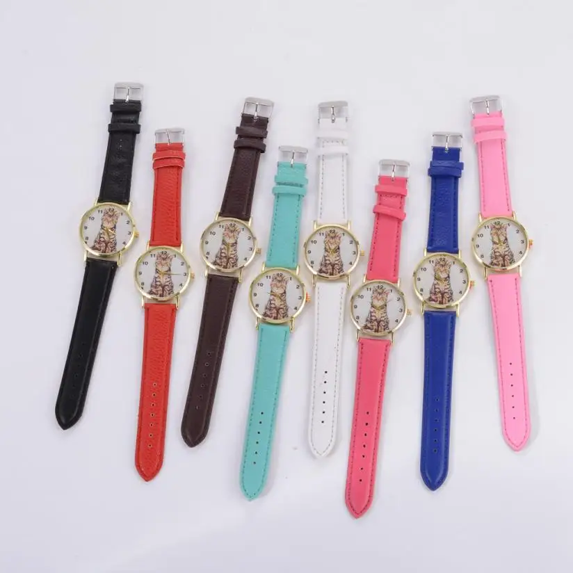 Стильные Relogio Feminino Reloj Mujer женские часы с милым рисунком кота простой роскошный дизайн кварцевые аналоговые круглые наручные часы p50
