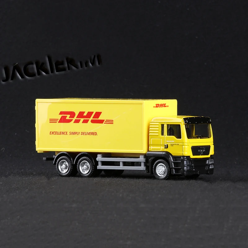 1/64 масштаб Экспресс DHL модели грузовых автомобилей желтый выдвижной назад сплав пластик с коробкой Игрушки для коллекции дисплеев подарки для детей