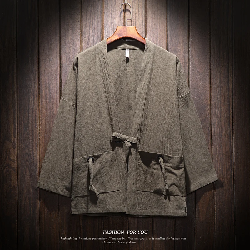 

Men Cotton Linen Coat Chinese Style Kimono Loose Vintage Jacket Streetwear Clothes Three Quarter Sleeve open stitch coat male