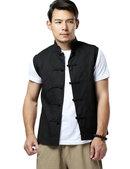 Black LZJN Men's Summer Waistcoat Chinese Style Vintage Breathable Linen Button Down Kung Fu Shirt Sleeveless Vest Jacket - Color: Black