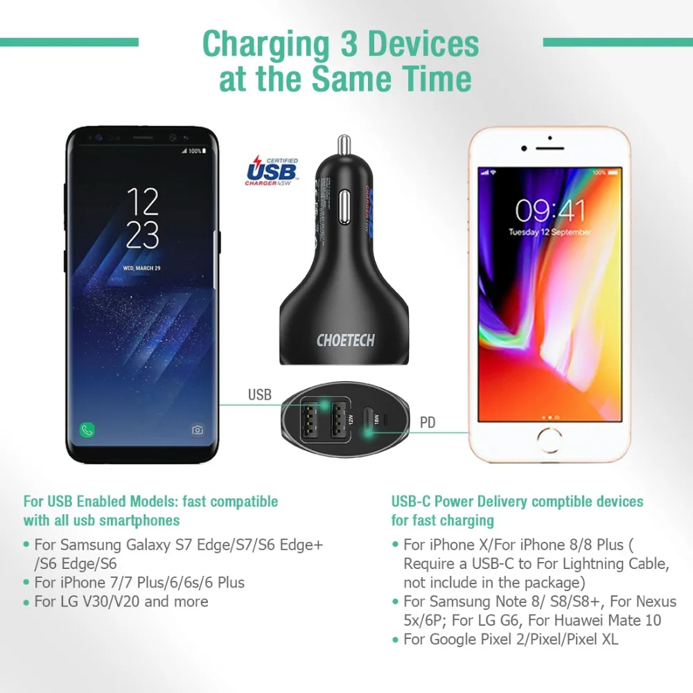 CHOETECH 30 Вт USB C автомобильное зарядное устройство с доставкой питания 3 порта Type