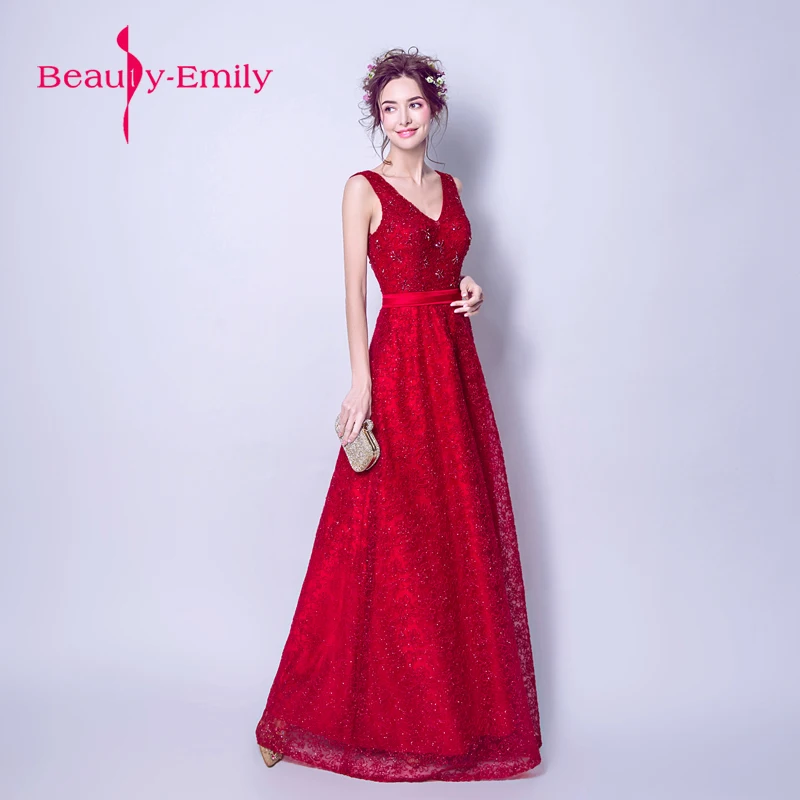 

Beauty Emily Red Evening Dresses 2018 vestido de festa V-Neck beading prom gowns embroidery flower formal Party Prom dress