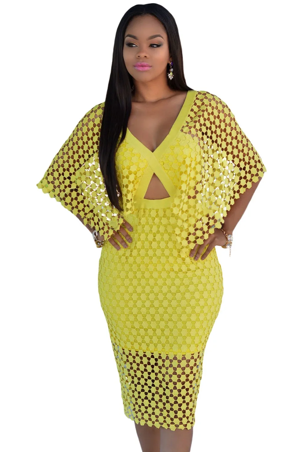 Темно-синий V Шеи Вязание Крючком Midi Платье LC61293 2016 осень sexy women bodycon клубная одежда