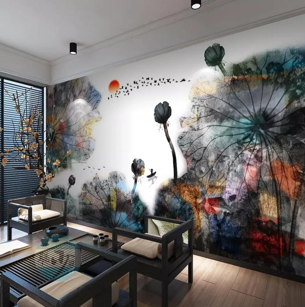 

[Self-Adhesive] 3D Colored Lotus Leaves Ink Painting 33 Wall Paper mural Wall Print Decal Wall Murals