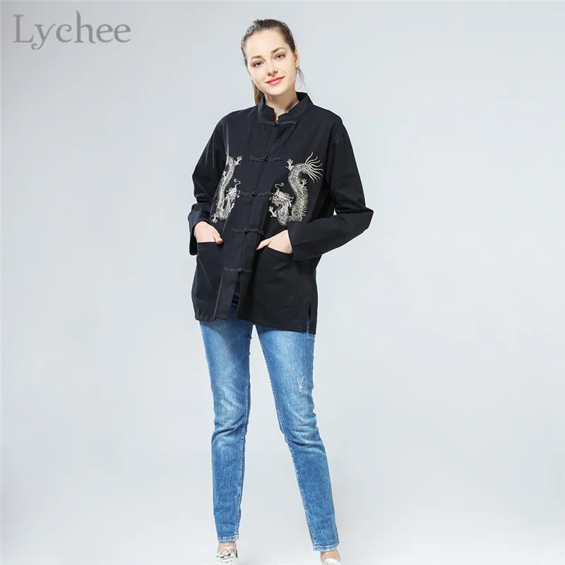 

Женская Ретро-рубашка Lychee, с вышивкой в виде дракона, с воротником-стойкой и пуговицами, с длинным рукавом