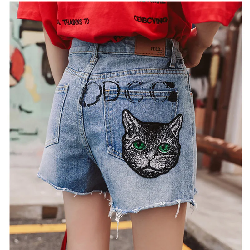 Новинка 2018 модные женские шорты с вышивкой в виде головы кота джинсовые высокой