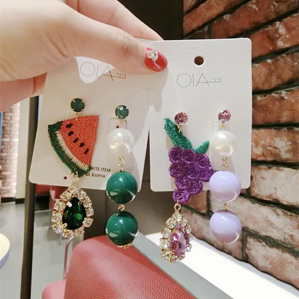Женские асимметричные серьги капли с арбузным виноградом в Корейском стиле