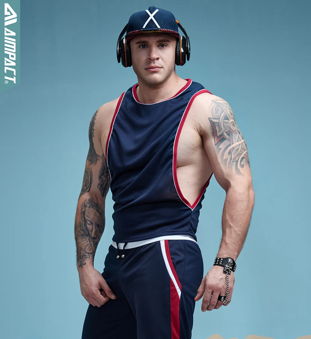 Aimpact Men's Vigor Tank Tops Fitness Bodybuiding Clothing Low Cut Side Arm Holes Mesh Activewear Summer Vest Tank Tops SXB051