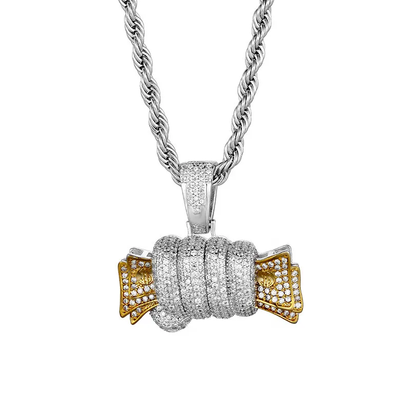 Ручной денежный кулон ожерелья для мужчин Bling Micro Pave ожерелье с фианитами модные хип хоп рок ювелирные изделия - Окраска металла: Имитация родиевого покрытия