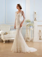 vintage lace half sleeves wedding dress sexy deep v neck sweep train cheap sheath formal dress custom made bridal gowns